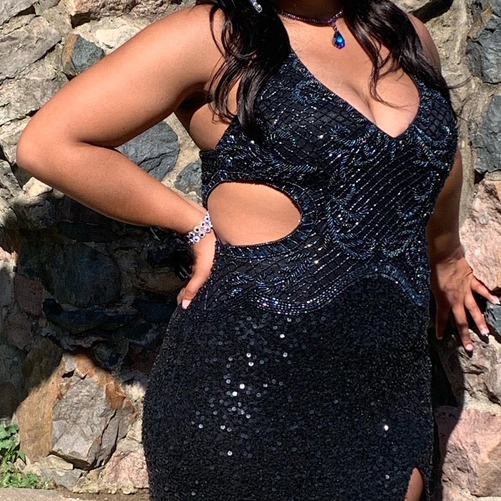 Prom/Evening Gown, Black with iridescent sequins.